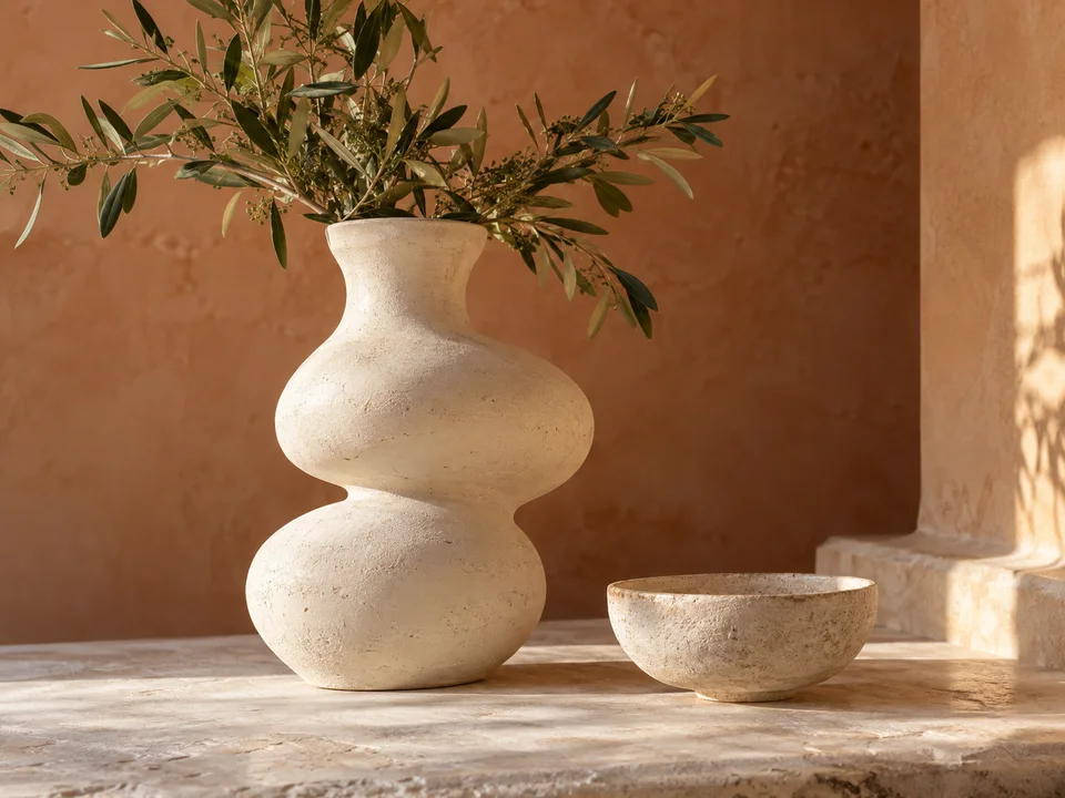 Vase et coupe en céramique claire, accompagnés de branches d’olivier, pour illustrer un catalogue de décoration.