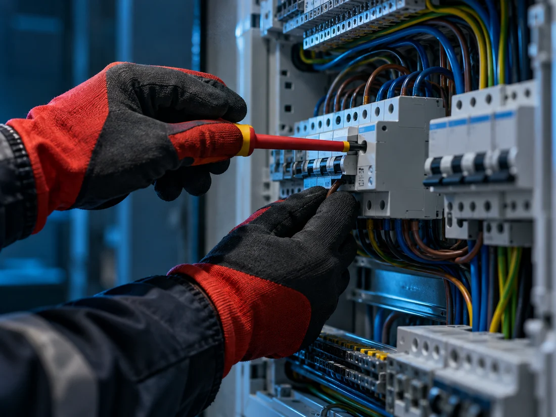 Électricien intervenant sur un tableau électrique, visuel du concept de site pour un artisan.
