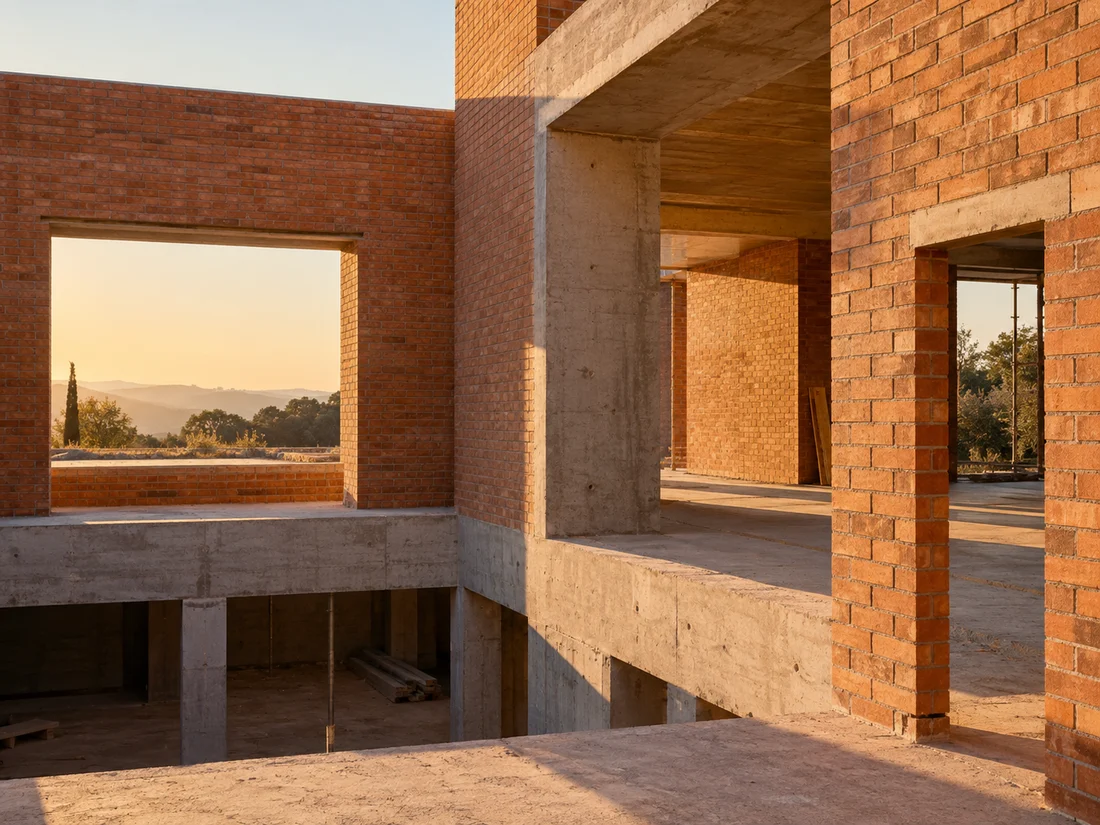 Maison en construction en briques et béton, visuel du concept de site de maçonnerie.