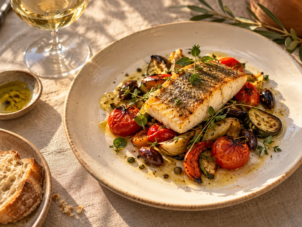 Filet de poisson et légumes de saison, visuel du concept de site de restaurant Saison.