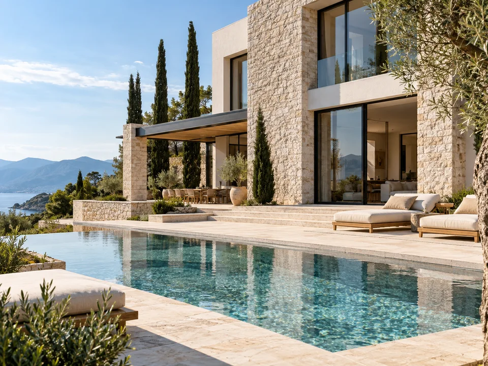 Villa contemporaine avec piscine, visuel du concept de site pour une agence immobilière.